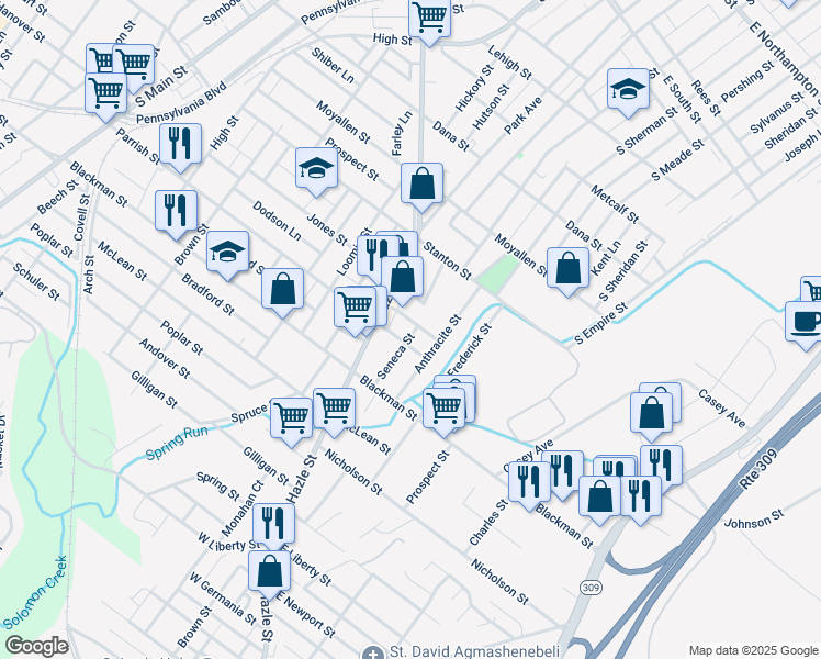 map of restaurants, bars, coffee shops, grocery stores, and more near 39 Forrest Street in Wilkes-Barre