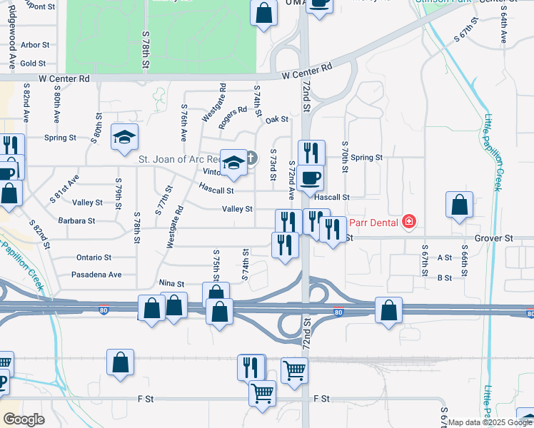 map of restaurants, bars, coffee shops, grocery stores, and more near 7264 Grover Street in Omaha
