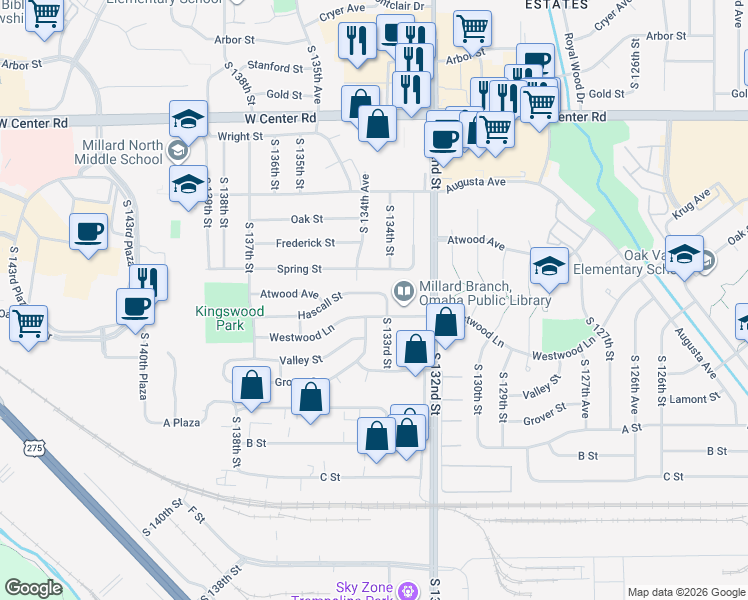 map of restaurants, bars, coffee shops, grocery stores, and more near 3356 South 133rd Street in Omaha