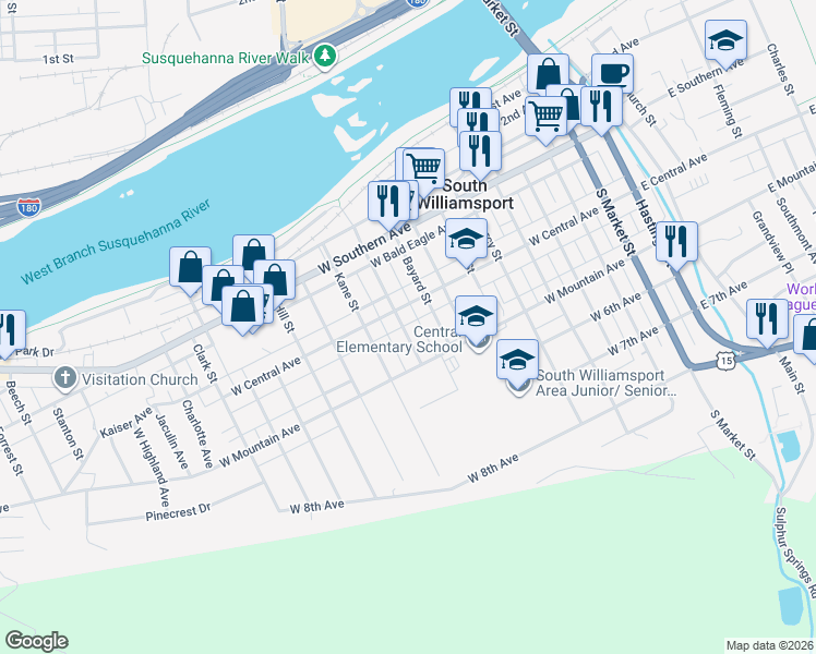 map of restaurants, bars, coffee shops, grocery stores, and more near 405 Winthrop Street in South Williamsport