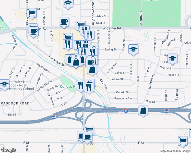 map of restaurants, bars, coffee shops, grocery stores, and more near 3466 South 82nd Street in Omaha