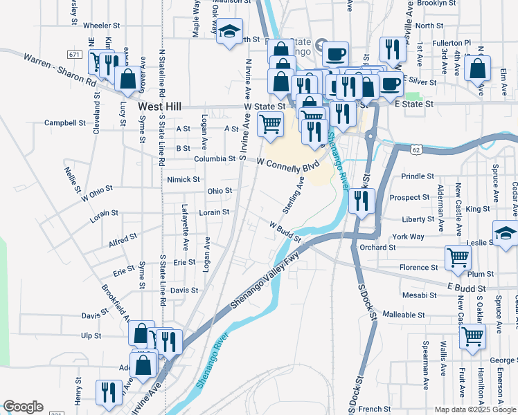 map of restaurants, bars, coffee shops, grocery stores, and more near 174 West Budd Street in Sharon