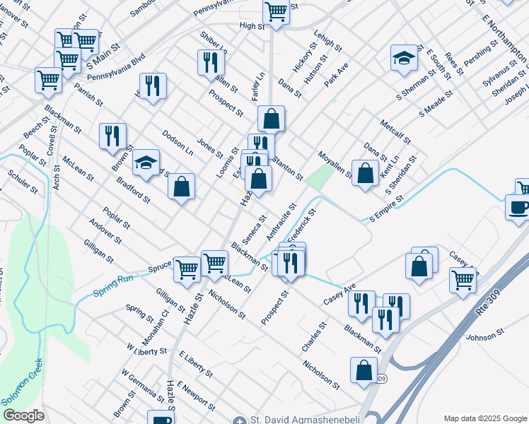 map of restaurants, bars, coffee shops, grocery stores, and more near 39 Forrest Street in Wilkes-Barre