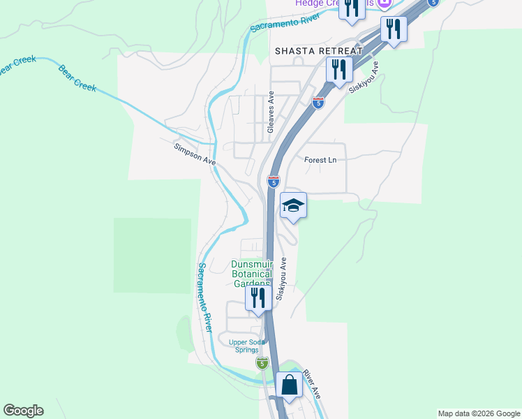 map of restaurants, bars, coffee shops, grocery stores, and more near Cascade Wonderland Hwy in Dunsmuir