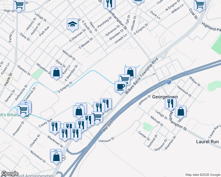 map of restaurants, bars, coffee shops, grocery stores, and more near 2-98 Almond St in Wilkes-Barre Township