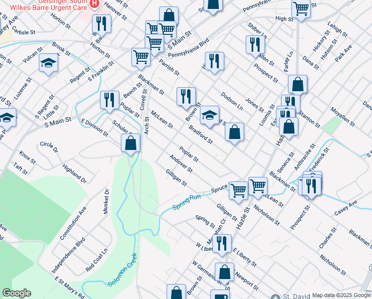 map of restaurants, bars, coffee shops, grocery stores, and more near 192 Poplar Street in Wilkes-Barre