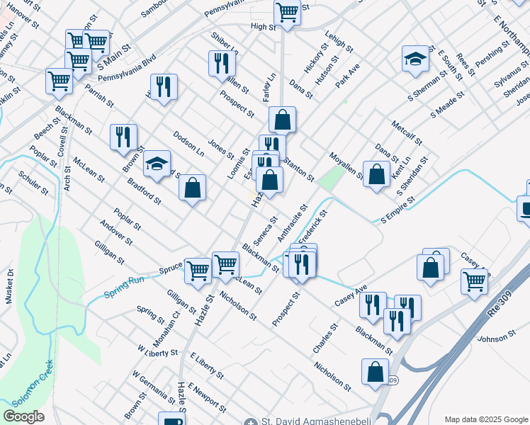map of restaurants, bars, coffee shops, grocery stores, and more near 372 Parrish Street in Wilkes-Barre