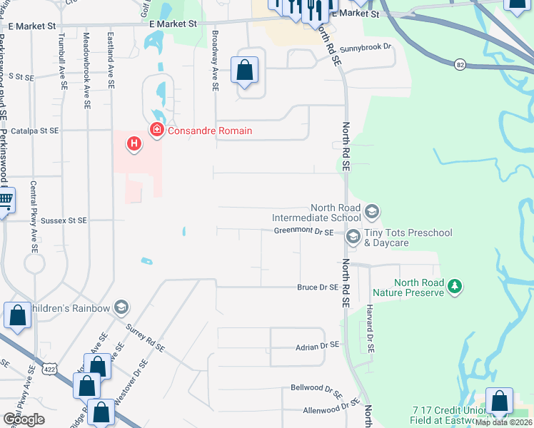 map of restaurants, bars, coffee shops, grocery stores, and more near 3966 Longhill Drive Southeast in Warren