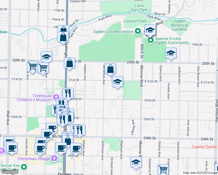 map of restaurants, bars, coffee shops, grocery stores, and more near 2128 Jefferson Avenue in Ogden