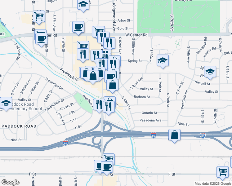 map of restaurants, bars, coffee shops, grocery stores, and more near 3468 South 82nd Street in Omaha