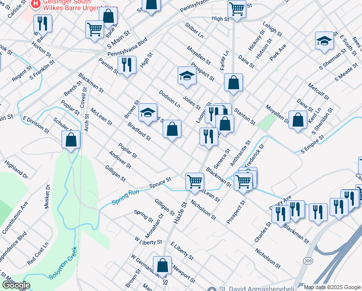 map of restaurants, bars, coffee shops, grocery stores, and more near 323 Blackman Street in Wilkes-Barre