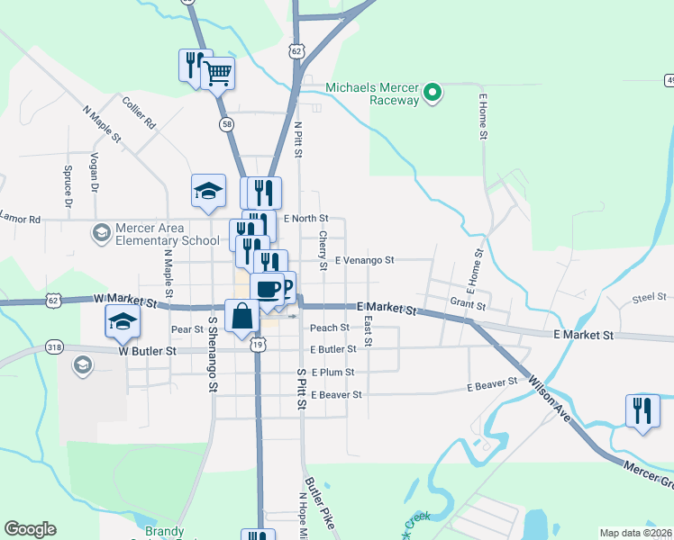 map of restaurants, bars, coffee shops, grocery stores, and more near 1616 Mercer Pulaski Road in Mercer