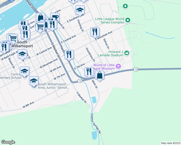 map of restaurants, bars, coffee shops, grocery stores, and more near 777-799 Hastings Street in South Williamsport
