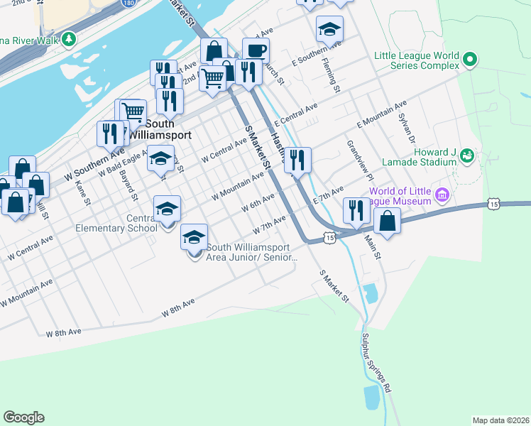 map of restaurants, bars, coffee shops, grocery stores, and more near 701-729 S Howard St in South Williamsport