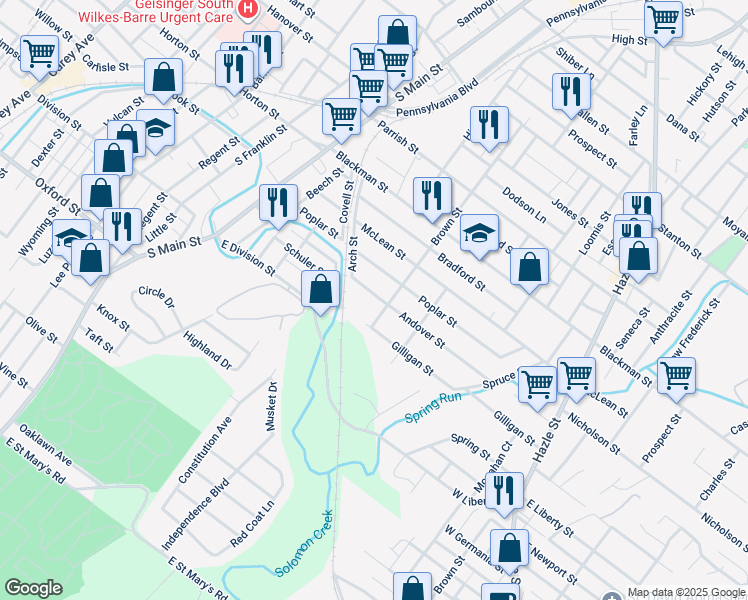 map of restaurants, bars, coffee shops, grocery stores, and more near 181 Andover Street in Wilkes-Barre
