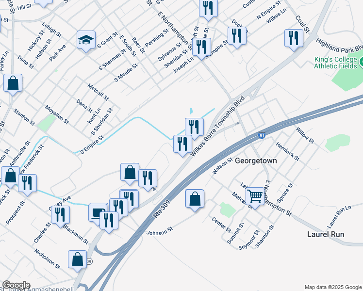map of restaurants, bars, coffee shops, grocery stores, and more near Route 309 in Wilkes-Barre