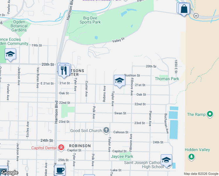 map of restaurants, bars, coffee shops, grocery stores, and more near 1483 East 21st Street in Ogden