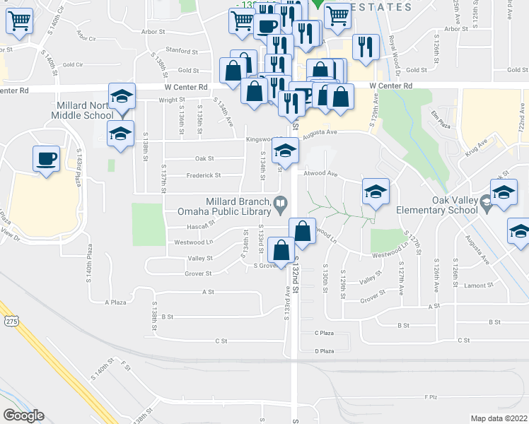 map of restaurants, bars, coffee shops, grocery stores, and more near 3307 South 133rd Street in Omaha