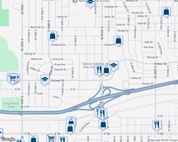 map of restaurants, bars, coffee shops, grocery stores, and more near 3206 South 43rd Street in Omaha