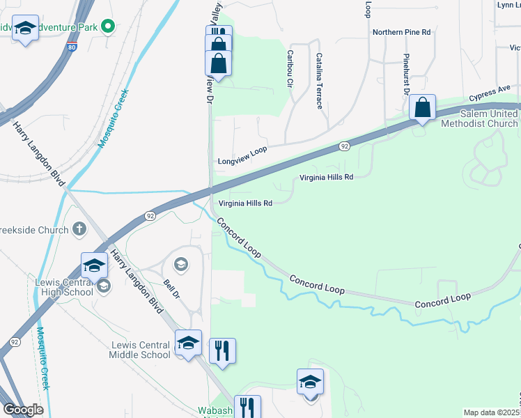 map of restaurants, bars, coffee shops, grocery stores, and more near 18 Virginia Hills Road in Council Bluffs
