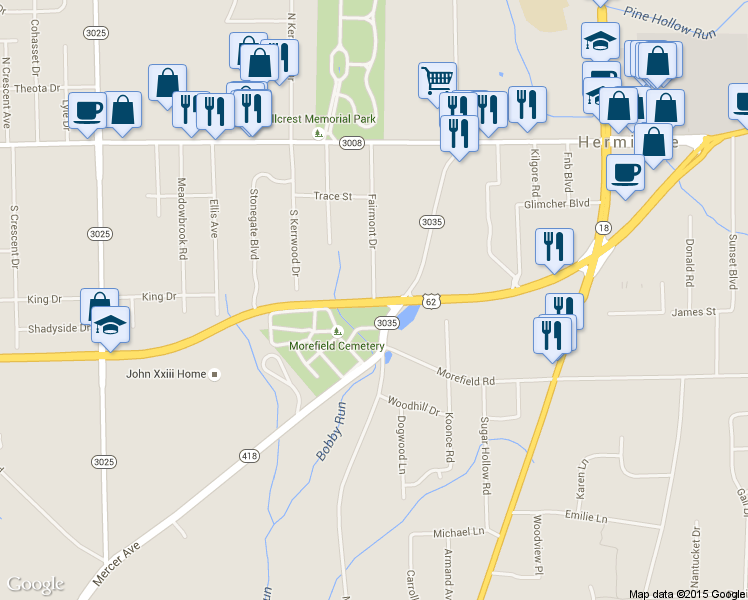 map of restaurants, bars, coffee shops, grocery stores, and more near 398 Fairmont Drive in Hermitage