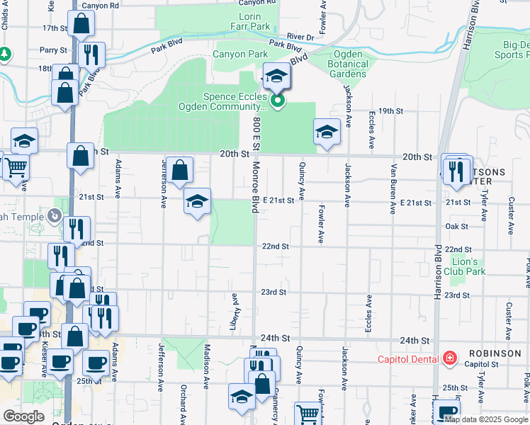 map of restaurants, bars, coffee shops, grocery stores, and more near 820 East 21st Street in Ogden