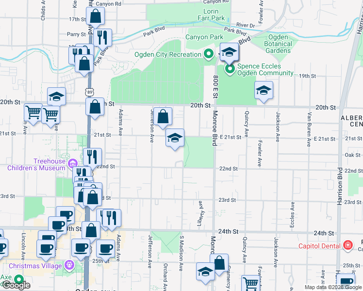 map of restaurants, bars, coffee shops, grocery stores, and more near 706 East 21st Street in Ogden