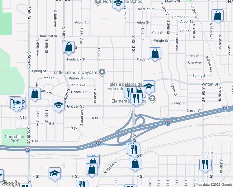 map of restaurants, bars, coffee shops, grocery stores, and more near 3206 South 43rd Street in Omaha