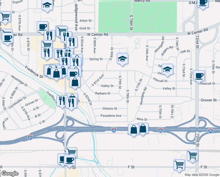 map of restaurants, bars, coffee shops, grocery stores, and more near 7918 Valley Street in Omaha