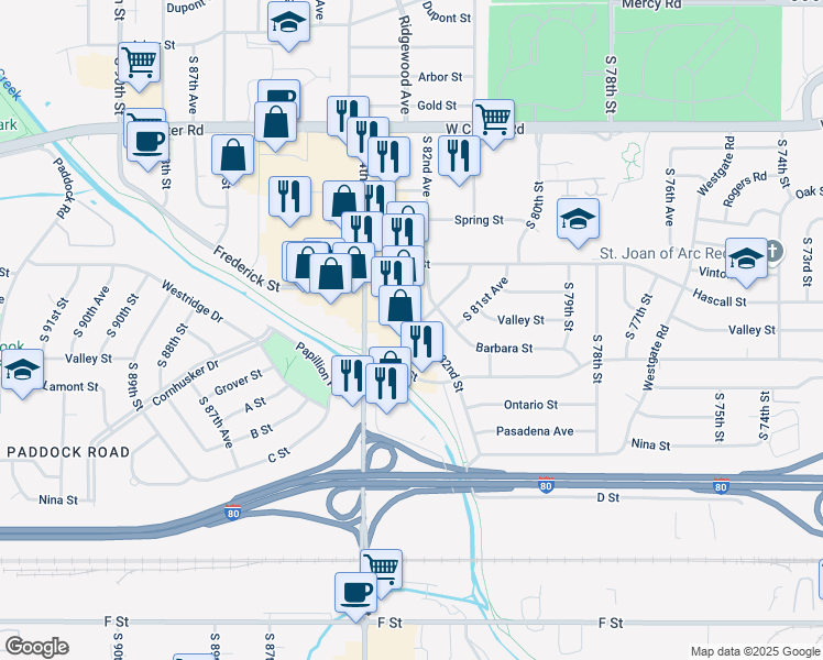 map of restaurants, bars, coffee shops, grocery stores, and more near 3461 South 84th Street in Omaha