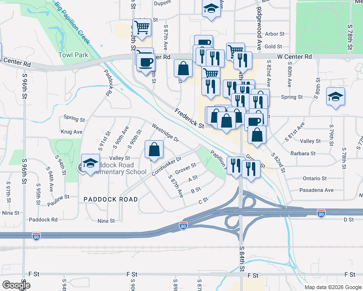 map of restaurants, bars, coffee shops, grocery stores, and more near 8660 Westridge Drive in Omaha