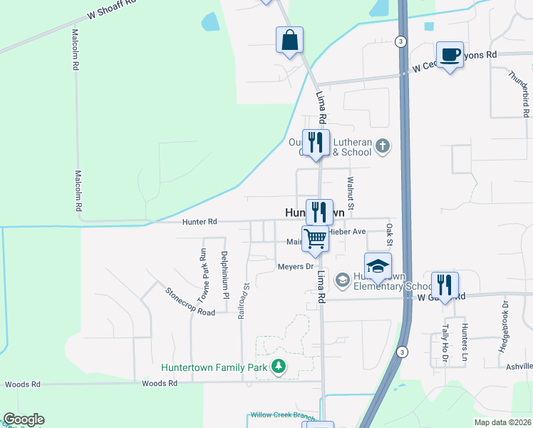 map of restaurants, bars, coffee shops, grocery stores, and more near 2335 Edgerton Street in Huntertown