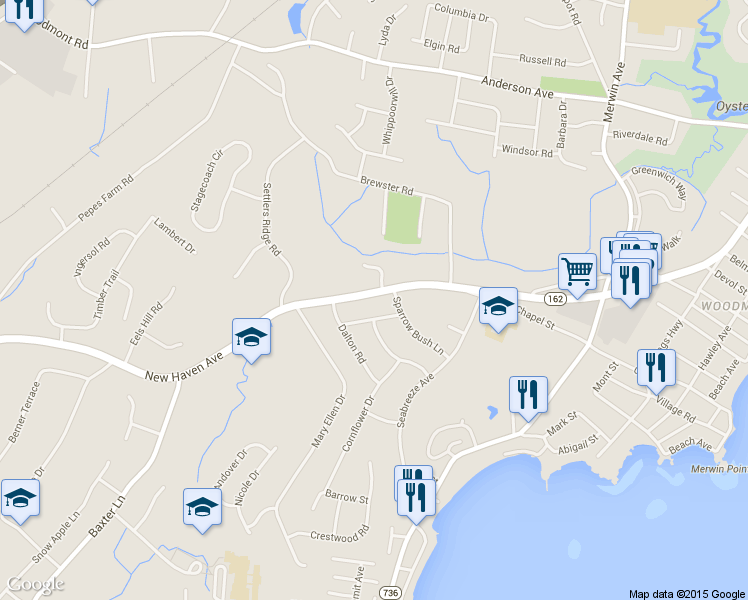 map of restaurants, bars, coffee shops, grocery stores, and more near 1135 New Haven Avenue in Milford