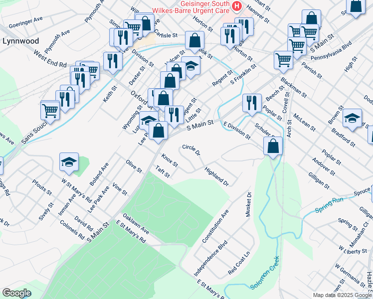 map of restaurants, bars, coffee shops, grocery stores, and more near 21 Circle Drive in Wilkes-Barre
