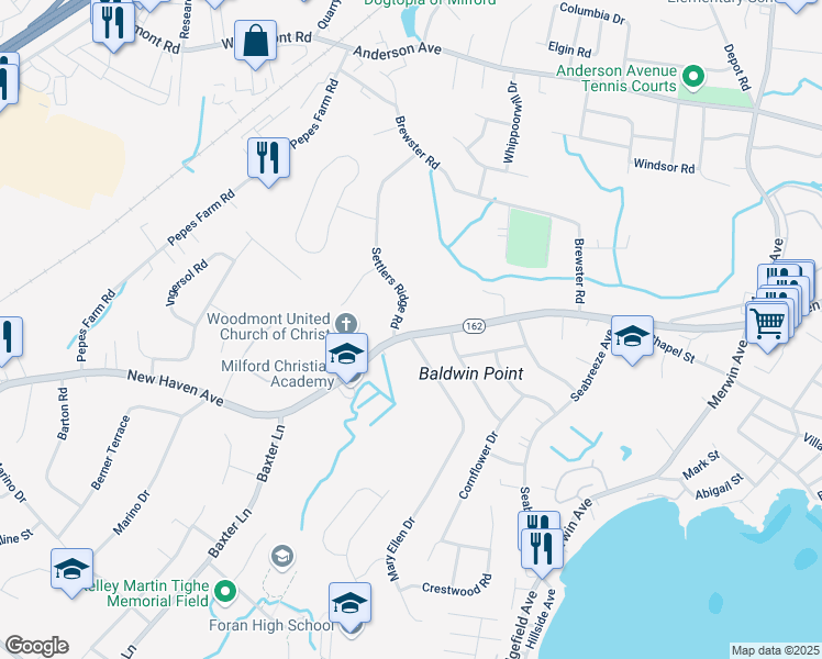 map of restaurants, bars, coffee shops, grocery stores, and more near 17 Settlers Ridge Road in Milford
