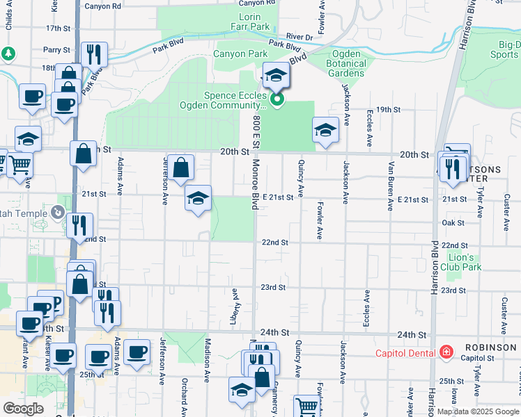 map of restaurants, bars, coffee shops, grocery stores, and more near 2122 Monroe Boulevard in Ogden