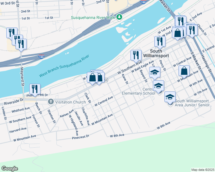 map of restaurants, bars, coffee shops, grocery stores, and more near 1100-1320 West Southern Avenue in South Williamsport