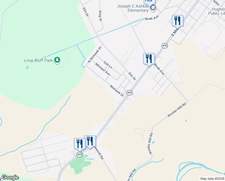 map of restaurants, bars, coffee shops, grocery stores, and more near 70-100 Mohawk Drive in Hughesville