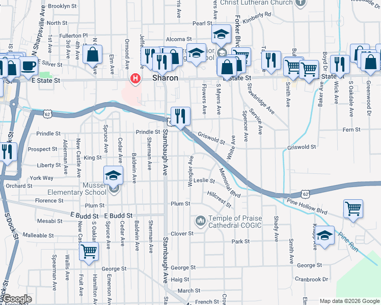 map of restaurants, bars, coffee shops, grocery stores, and more near 287 Mc Clure Avenue in Sharon