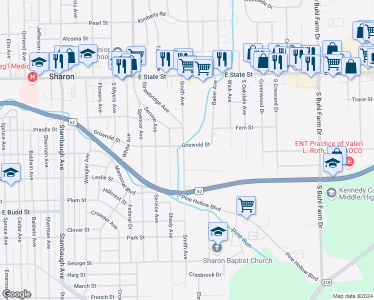 map of restaurants, bars, coffee shops, grocery stores, and more near 343 Smith Avenue in Sharon
