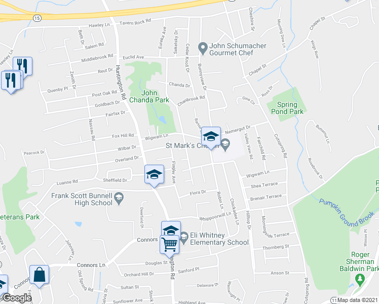 map of restaurants, bars, coffee shops, grocery stores, and more near 80 Okenuck Trail in Stratford