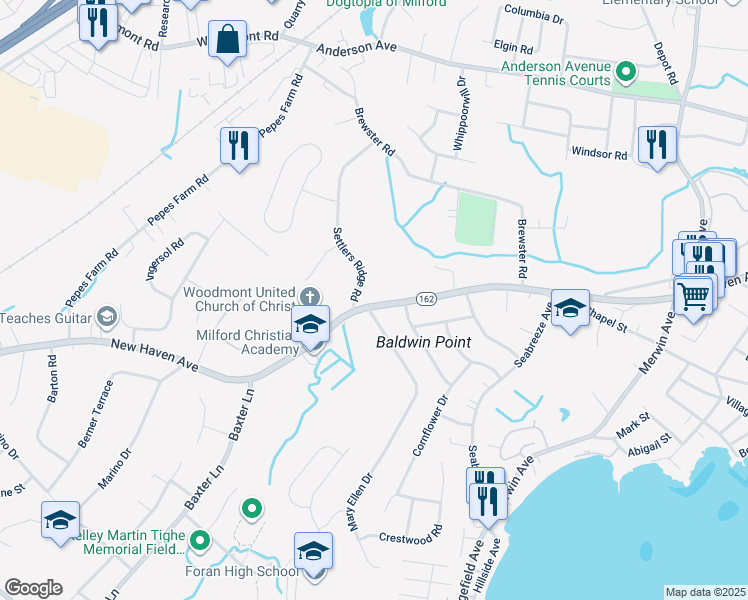 map of restaurants, bars, coffee shops, grocery stores, and more near 17 Settlers Ridge Road in Milford