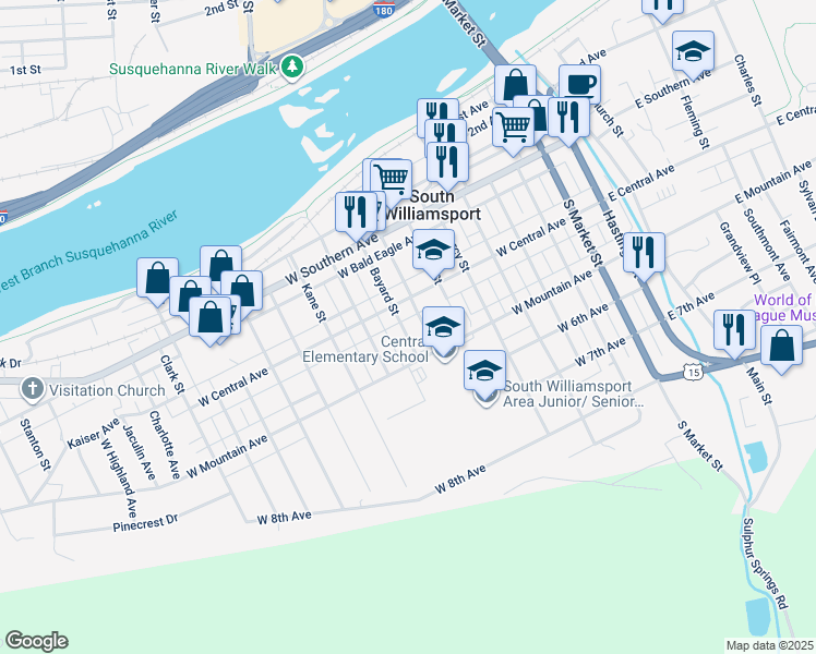 map of restaurants, bars, coffee shops, grocery stores, and more near 515 West Central Avenue in South Williamsport