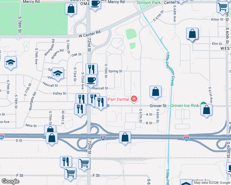 map of restaurants, bars, coffee shops, grocery stores, and more near 2 South 68th Court in Omaha