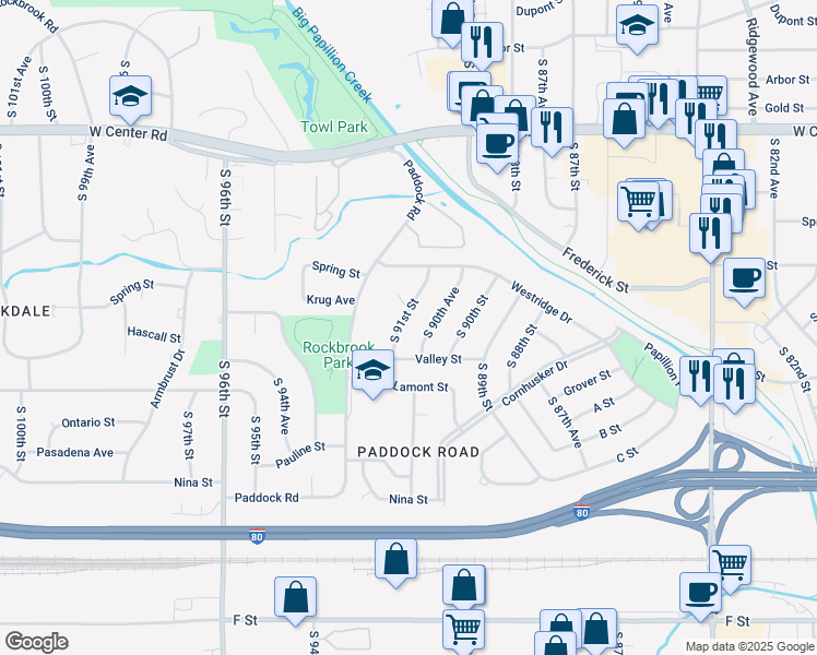 map of restaurants, bars, coffee shops, grocery stores, and more near 9103 Susan Circle in Omaha