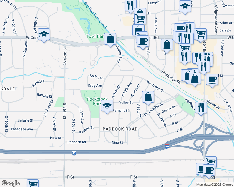 map of restaurants, bars, coffee shops, grocery stores, and more near 9103 Susan Circle in Omaha