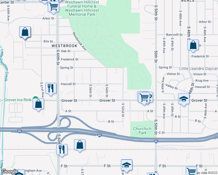 map of restaurants, bars, coffee shops, grocery stores, and more near 3311 South 54th Street in Omaha