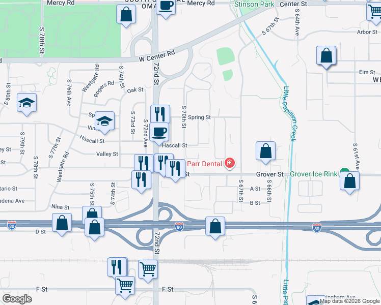 map of restaurants, bars, coffee shops, grocery stores, and more near 3315 South 70th Street in Omaha
