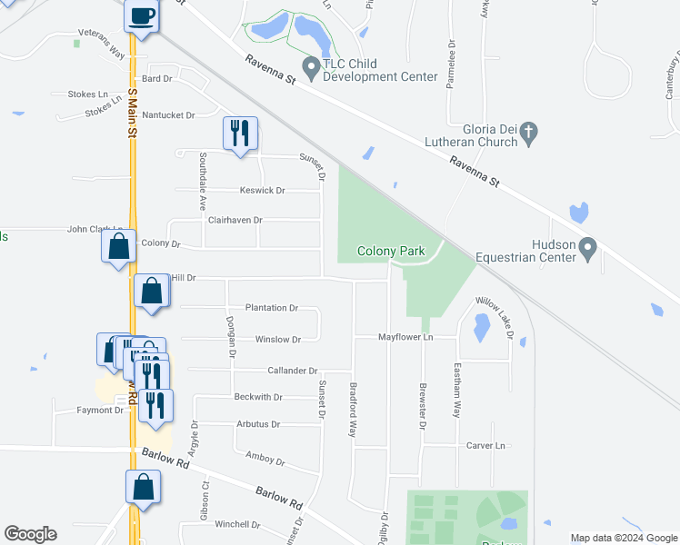 map of restaurants, bars, coffee shops, grocery stores, and more near 2033 Stoney Hill Drive in Hudson