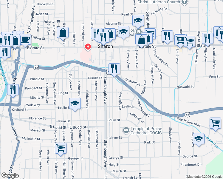 map of restaurants, bars, coffee shops, grocery stores, and more near 301 Stambaugh Avenue in Sharon